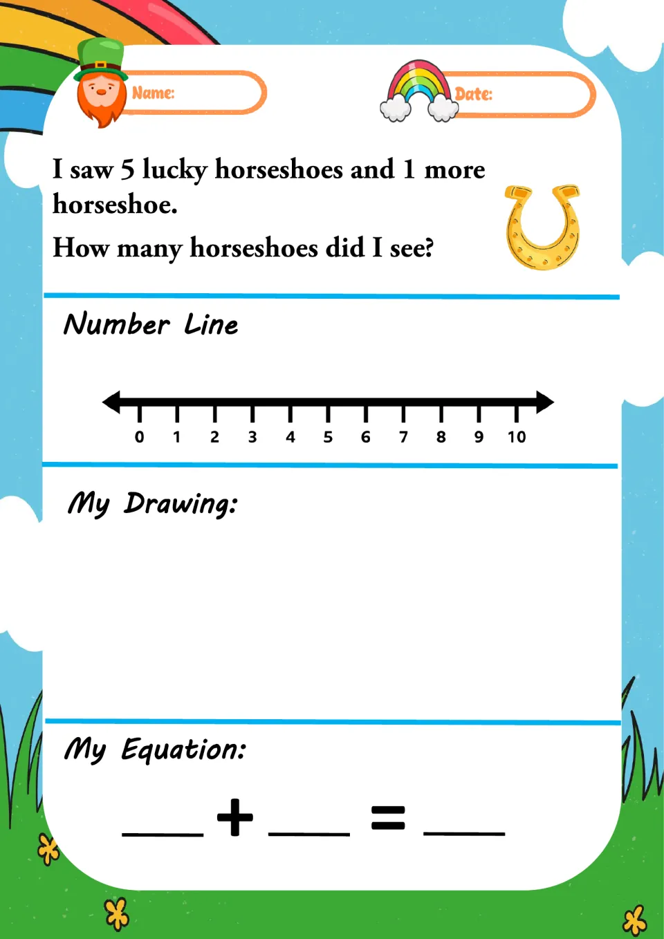 Lucky horseshoe problem: 5 horseshoes and 1 more; students count on from 5 on the number line, draw them and write the sum