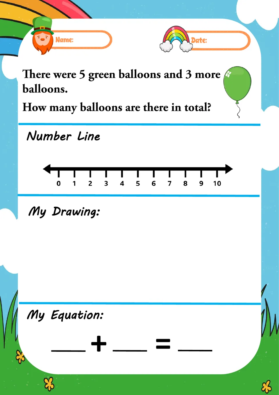 Green balloon story: 5 balloons and 3 more; students find the total with number line jumps, a drawing and an equation