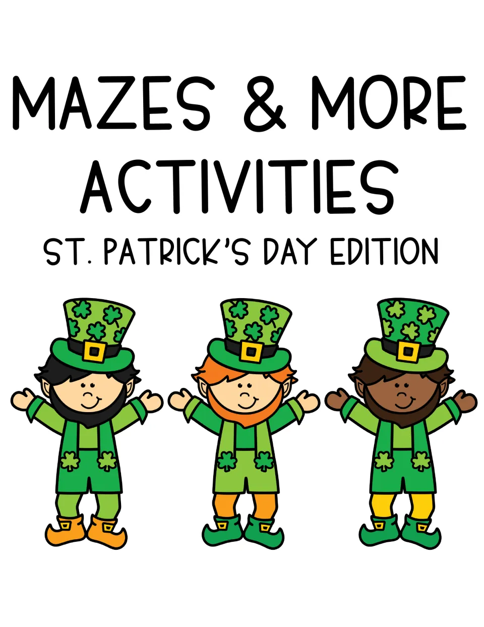 Mazes & More Activities, St. Patrick's Day Edition cover showing three smiling leprechauns in green shamrock top hats