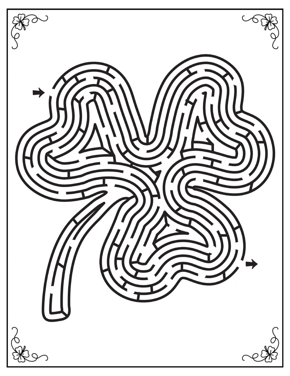 Shamrock maze: students trace a path from the start arrow through the three-leaf clover's winding paths to the exit arrow