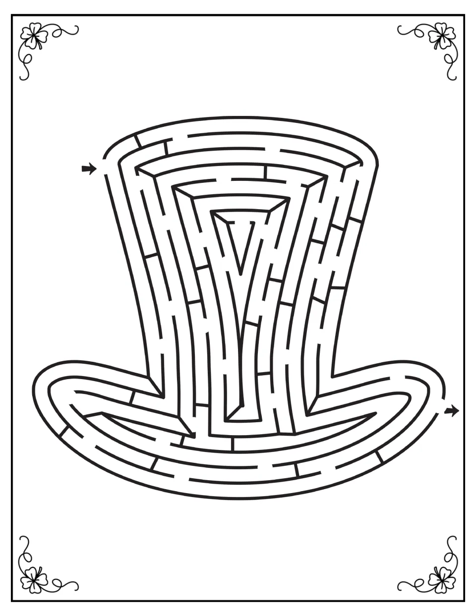 Leprechaun top hat maze: students trace a route from the arrow at the hat's crown through the brim to the exit arrow