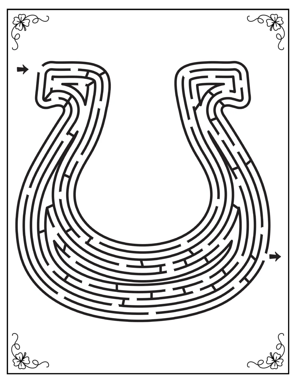 Lucky horseshoe maze: students find the path from the arrow at the left tip around the curve to the exit arrow