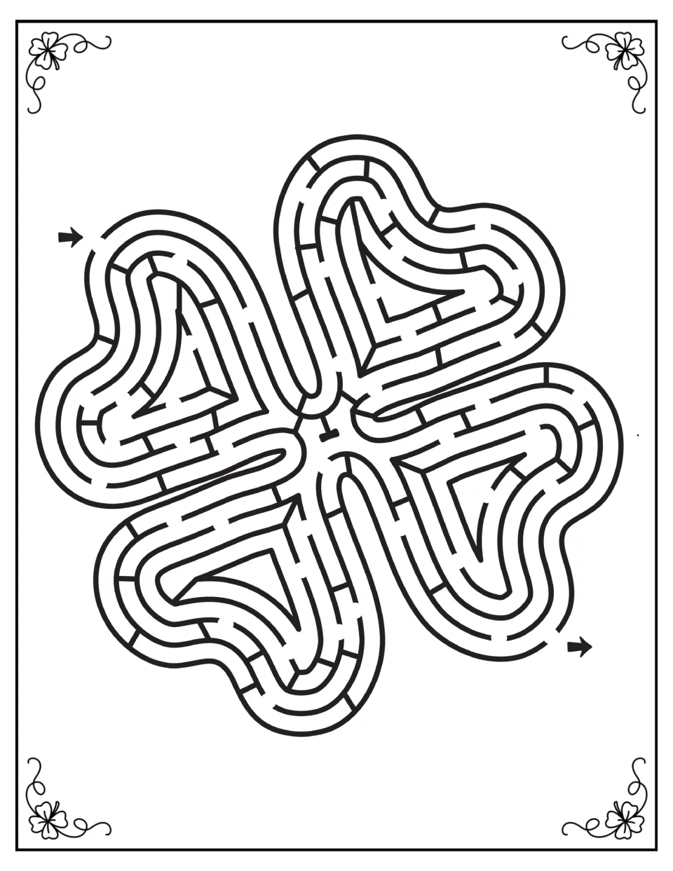 Four-leaf clover maze: students trace from the top-left arrow through all four leaves to the lower-right exit