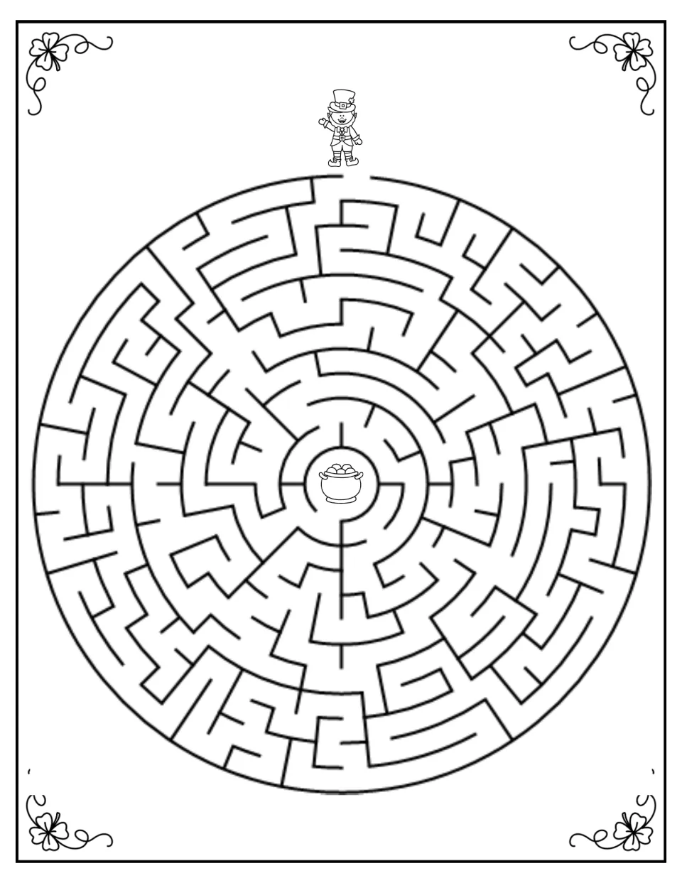 Circular pot of gold maze: students guide the leprechaun from the top opening inward to the gold coins at the center
