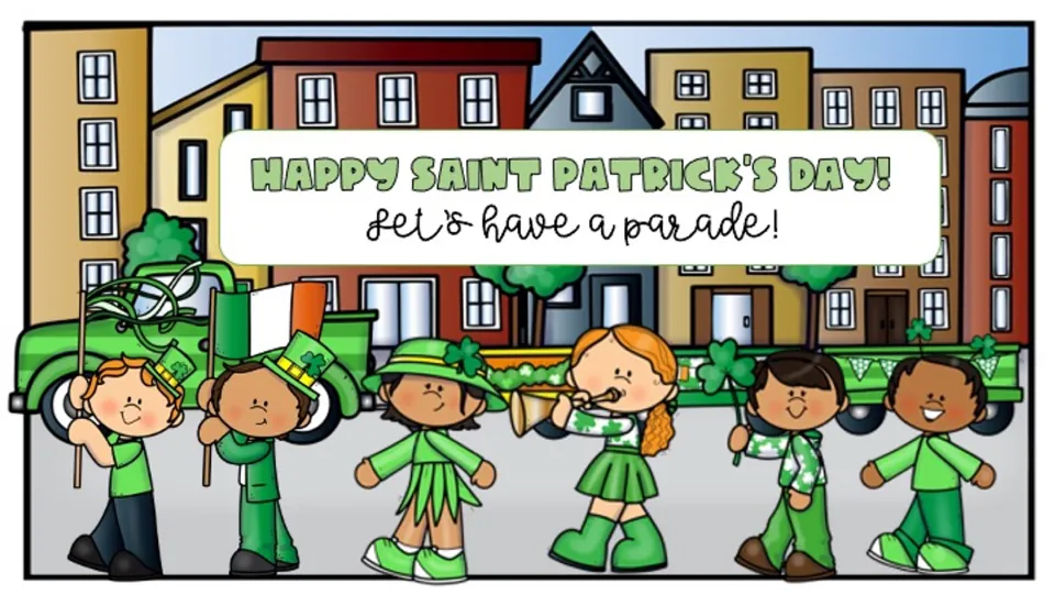 Musical parade story cover reads “Happy Saint Patrick’s Day!” and “Let’s have a parade!” above marchers.