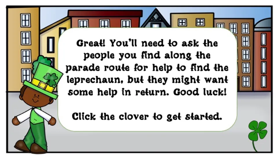 Search instructions explain that people along the parade route may want help in return for finding the leprechaun.