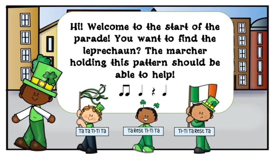 First rhythm challenge asks students to choose a marcher matching two eighth notes, quarter note, rest, quarter note.
