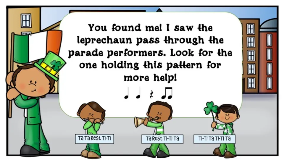 Second rhythm challenge directs students to a performer matching two quarter notes, a rest, and two eighth notes.