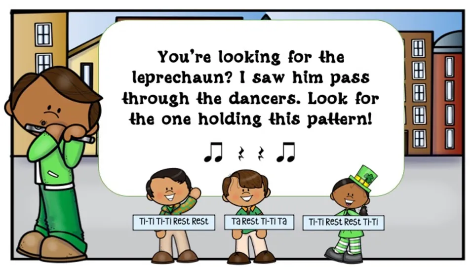 Third rhythm challenge asks students to find a dancer matching two eighth notes, two rests, and two eighth notes.