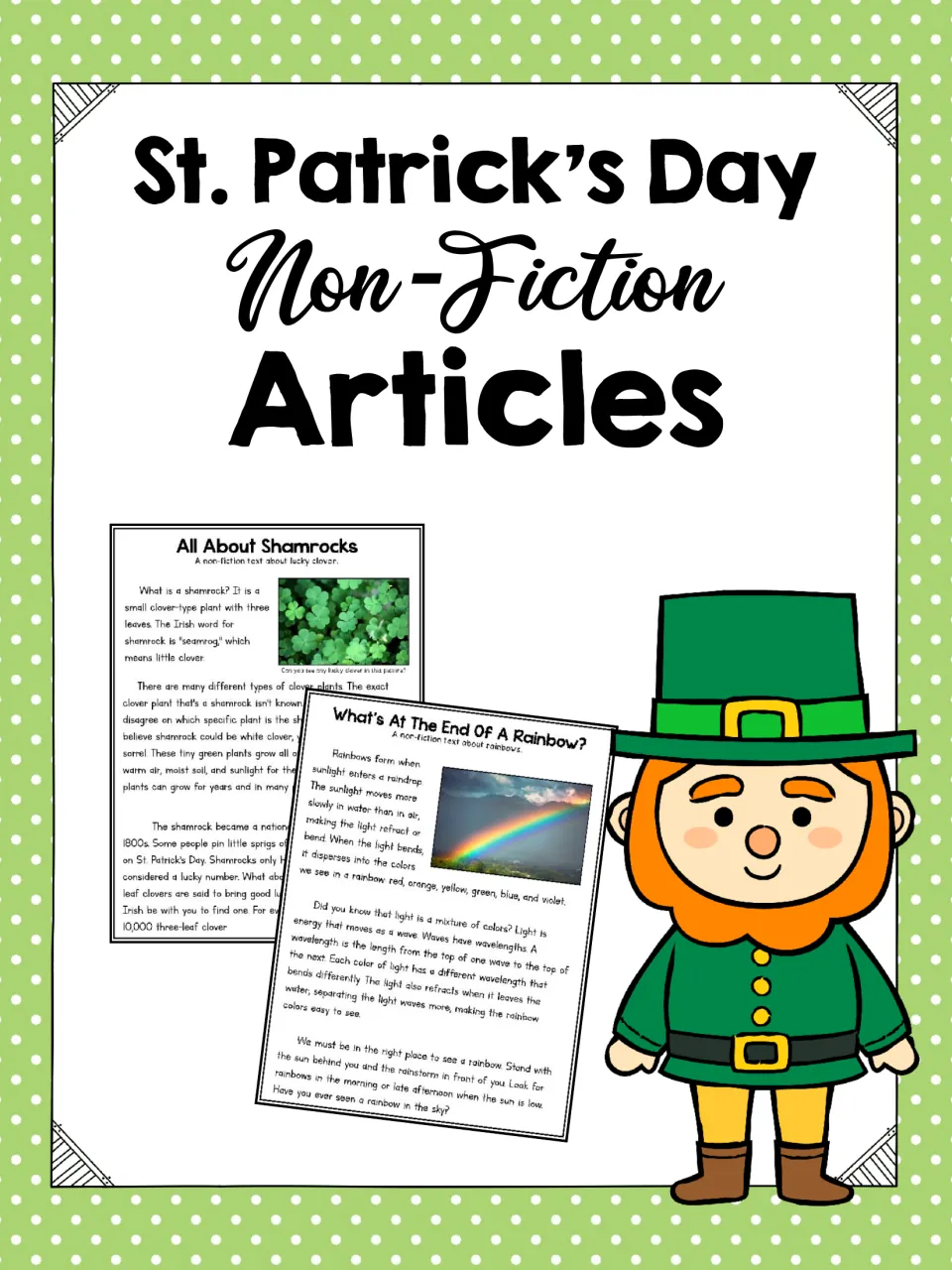 Cover of St. Patrick's Day Nonfiction Articles, showing sample articles about shamrocks and rainbows