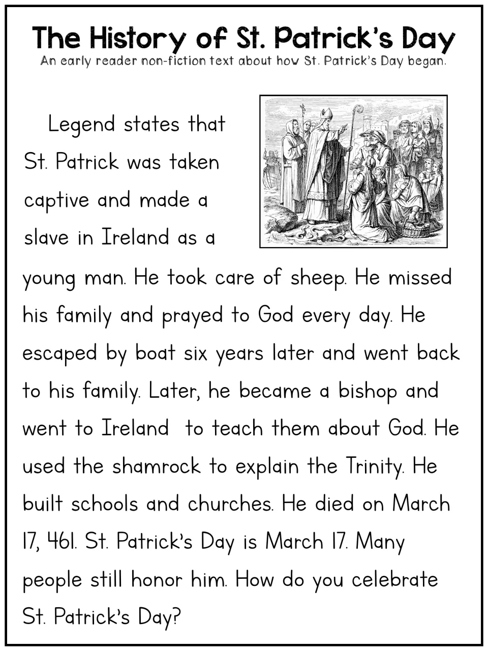 Early reader history article recounts St. Patrick's captivity, escape, return to Ireland, and religious work