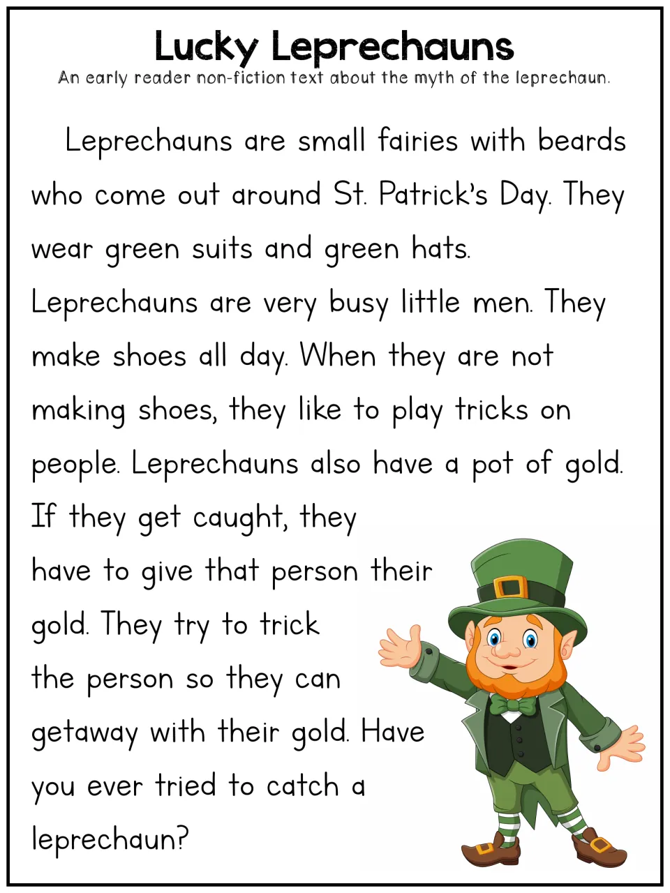 Early reader article 'Lucky Leprechauns' describes mythical shoemakers, their tricks, and pots of gold