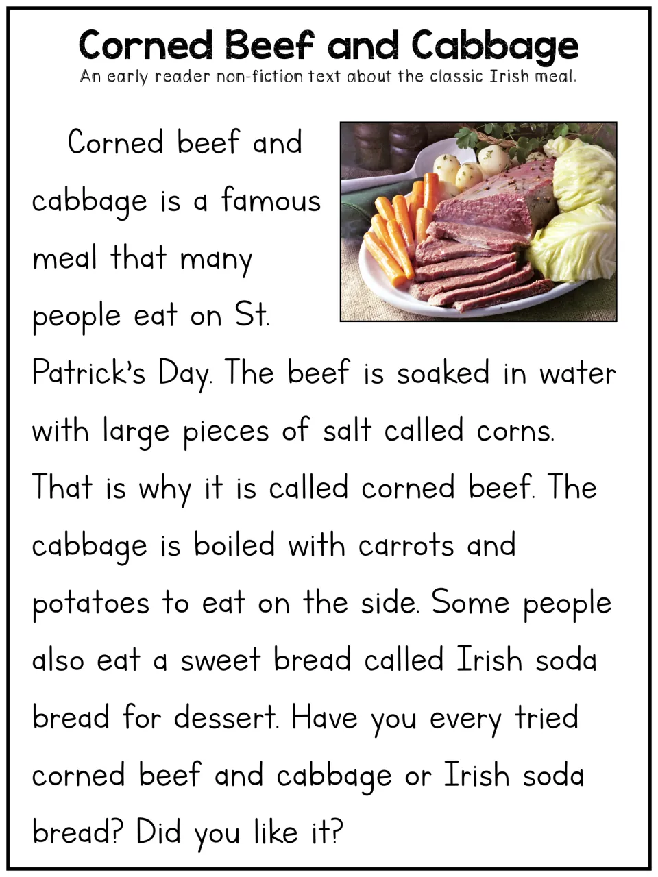 Early reader article 'Corned Beef and Cabbage' explains salt curing, vegetable sides, and Irish soda bread