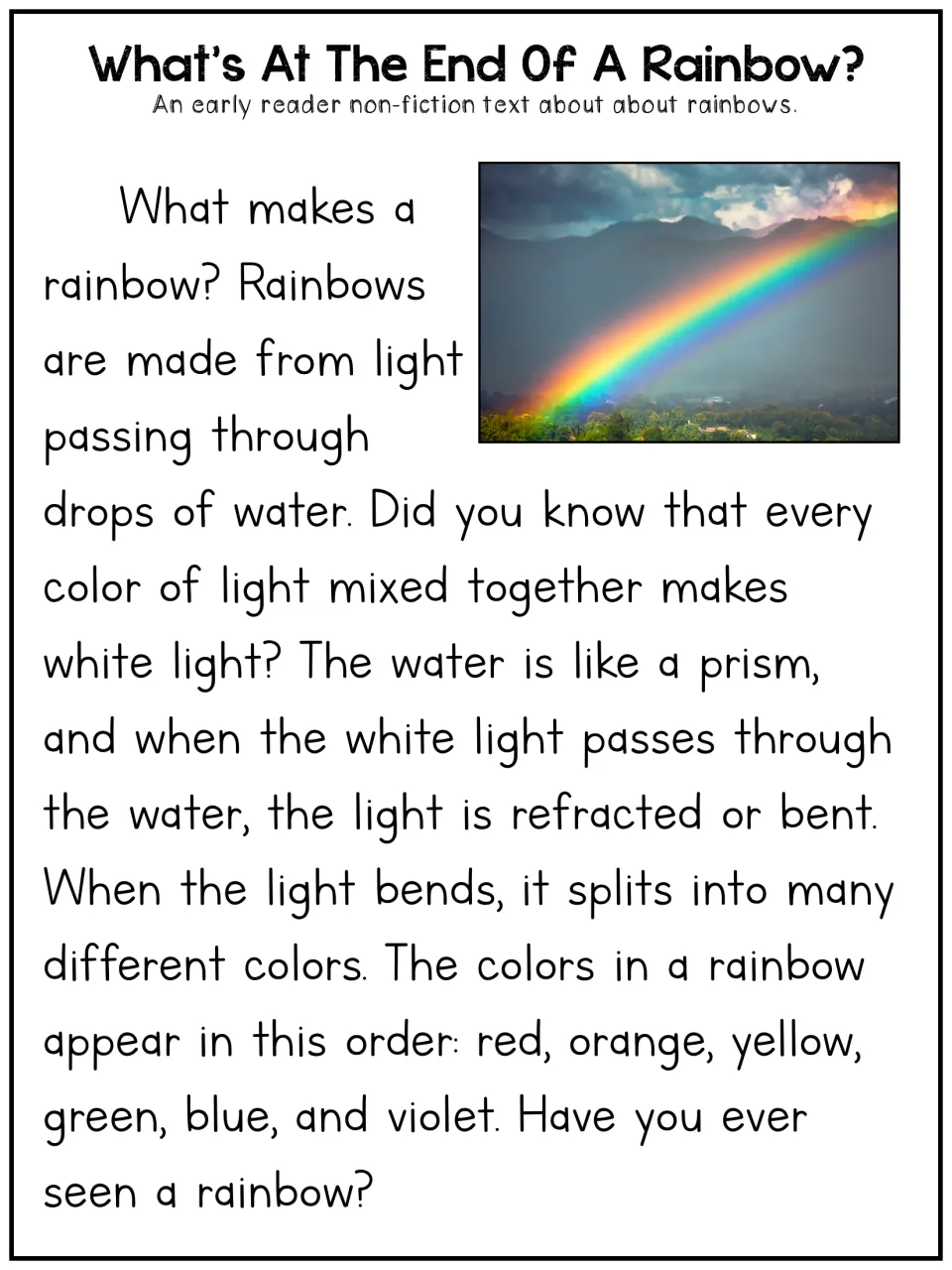 Early reader rainbow article explains how light passes through water, bends, and separates into colors