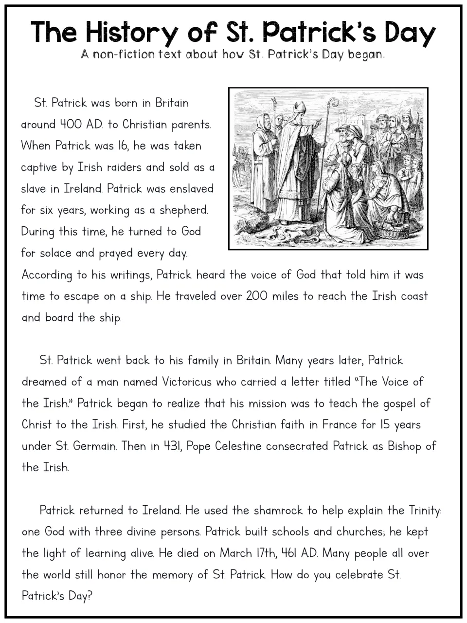 Longer history article follows St. Patrick from captivity to religious study and his return to Ireland