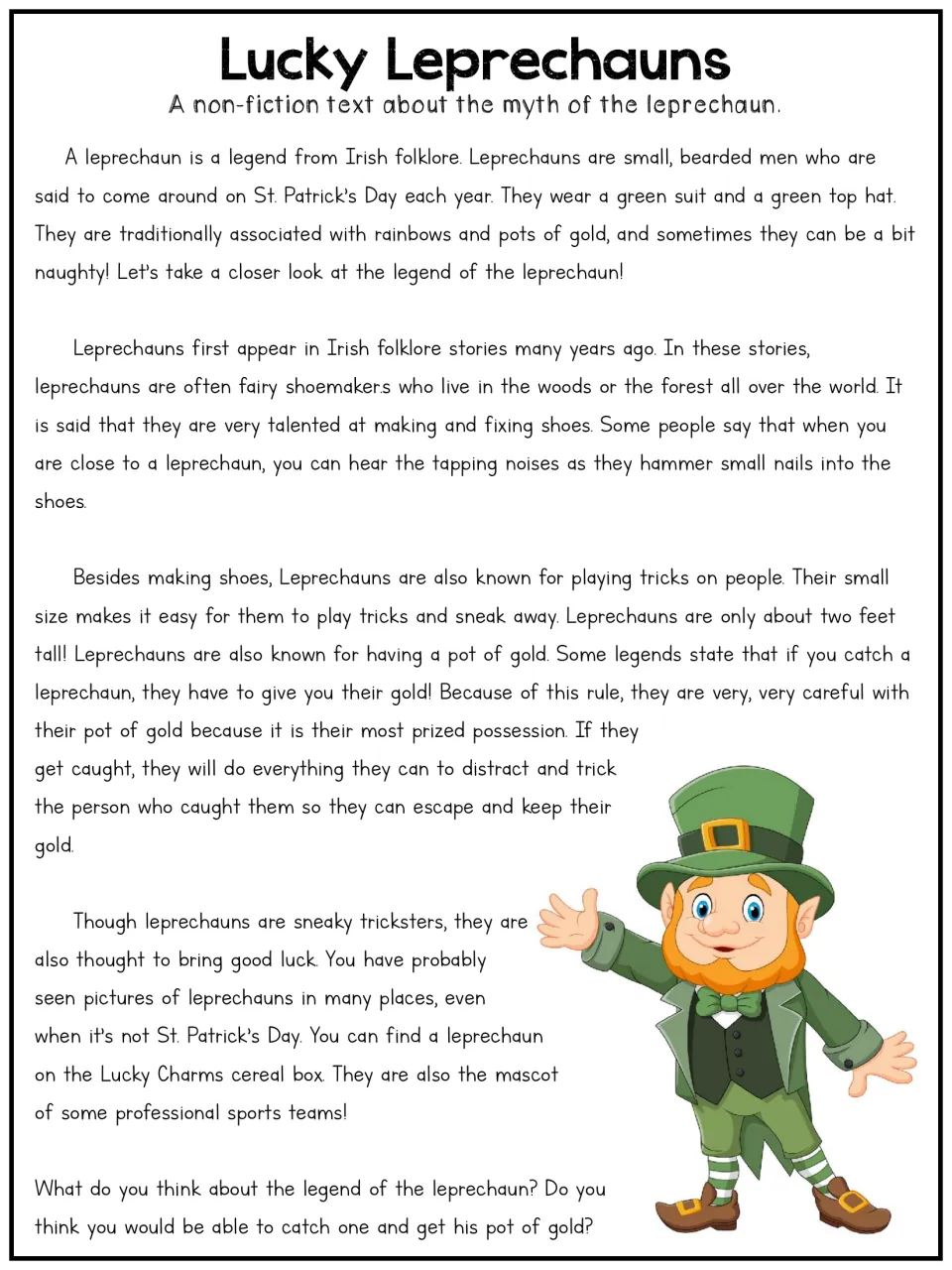 Longer 'Lucky Leprechauns' article explores Irish folklore, fairy shoemakers, tricks, gold, and good luck