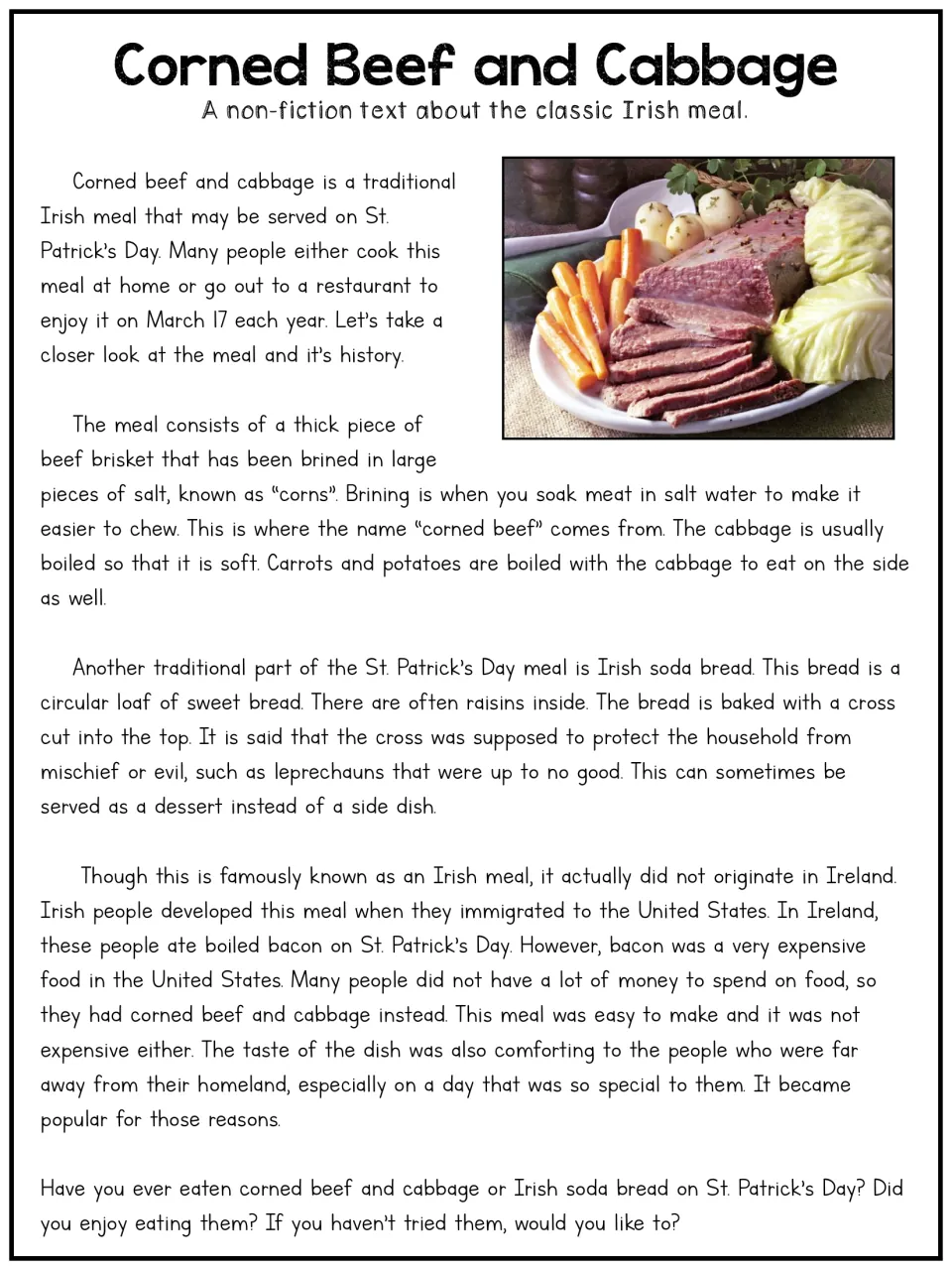 Longer 'Corned Beef and Cabbage' article explains brining, soda bread, and the meal's Irish American origins