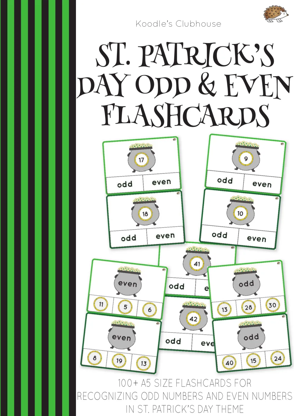 Cover of St. Patrick's Day Odd and Even Flashcards, showing number cards and odd or even selection cards