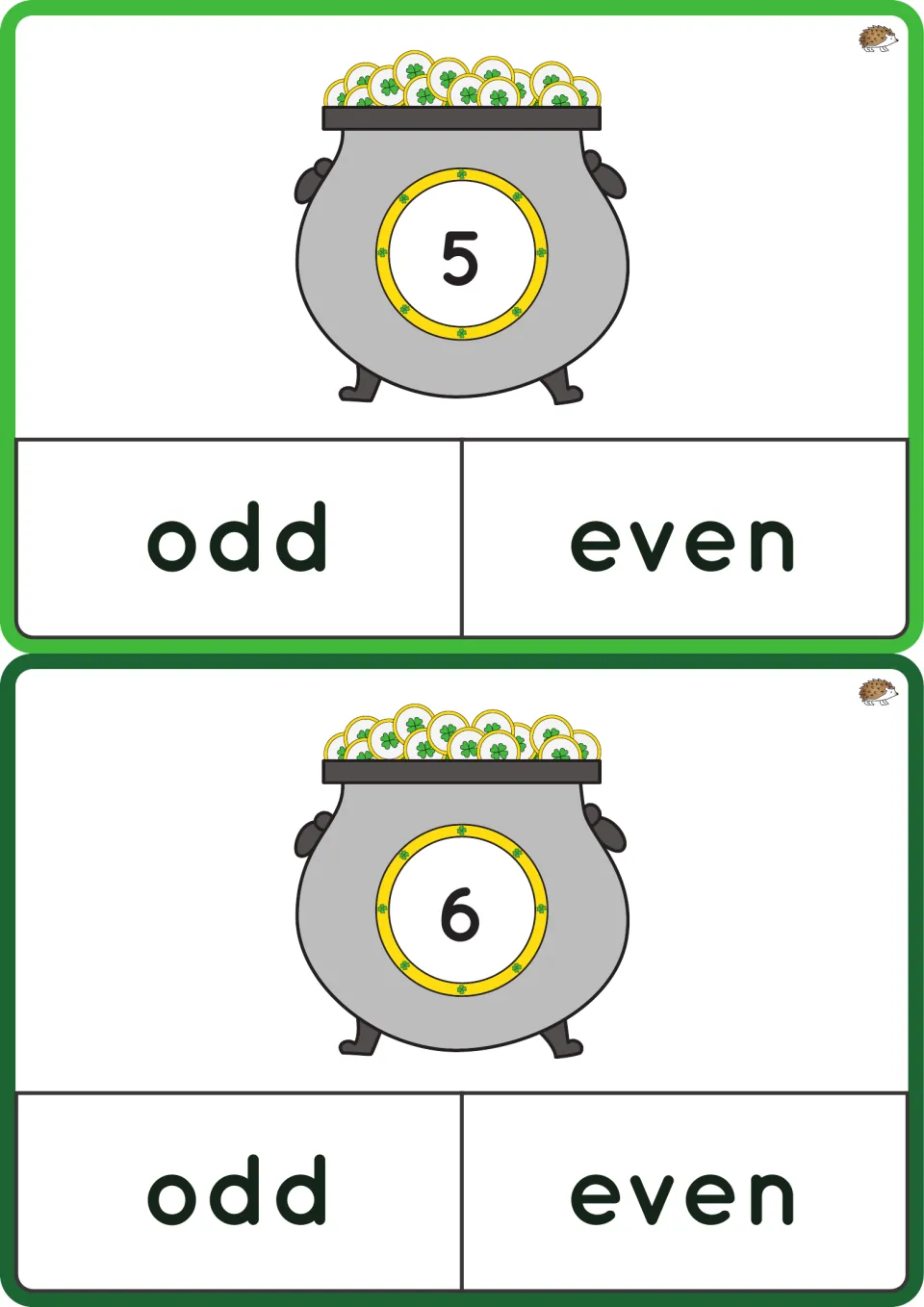 Odd and even flashcards for numbers 5 and 6, each asking students to choose the word 'odd' or 'even'