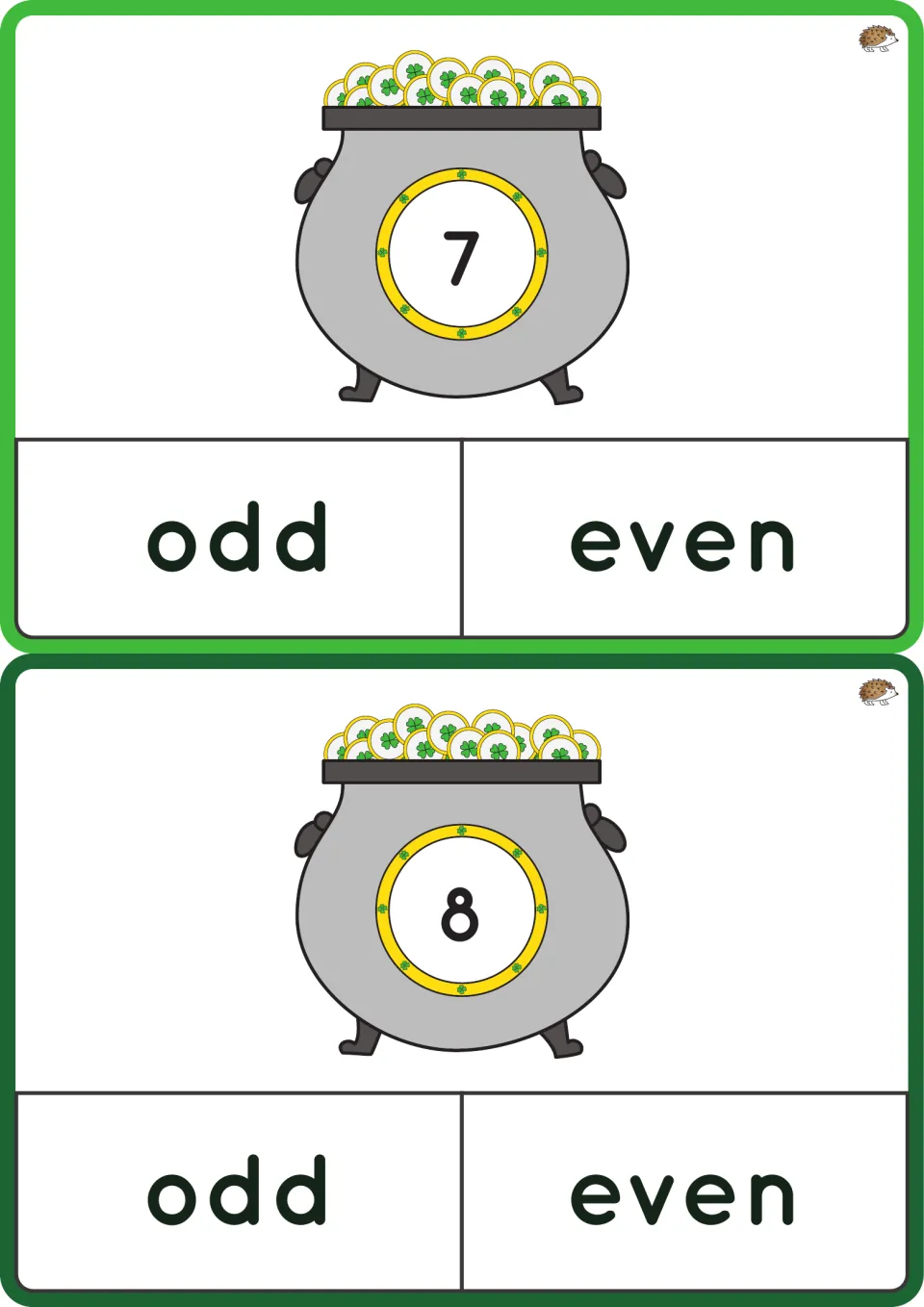 Odd and even flashcards for numbers 7 and 8, each asking students to choose the word 'odd' or 'even'