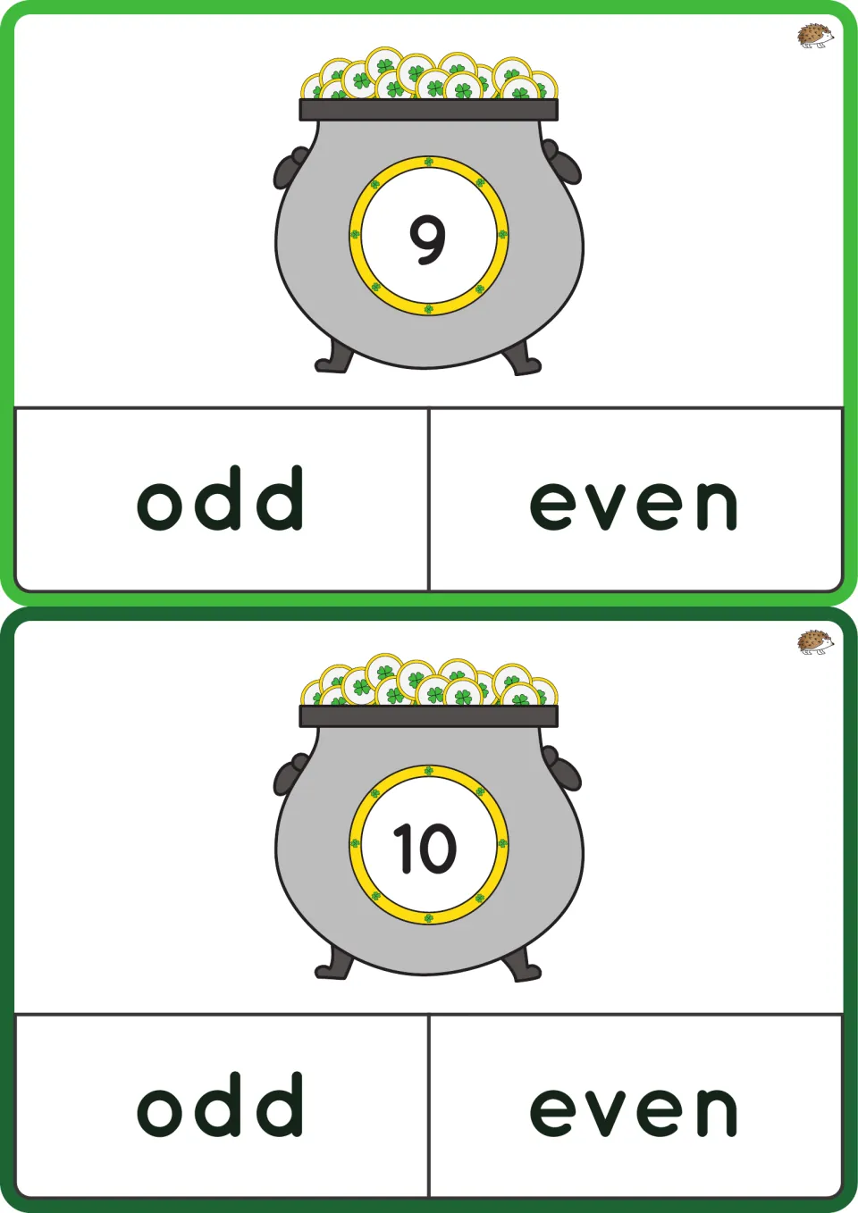 Odd and even flashcards for numbers 9 and 10, each asking students to choose the word 'odd' or 'even'