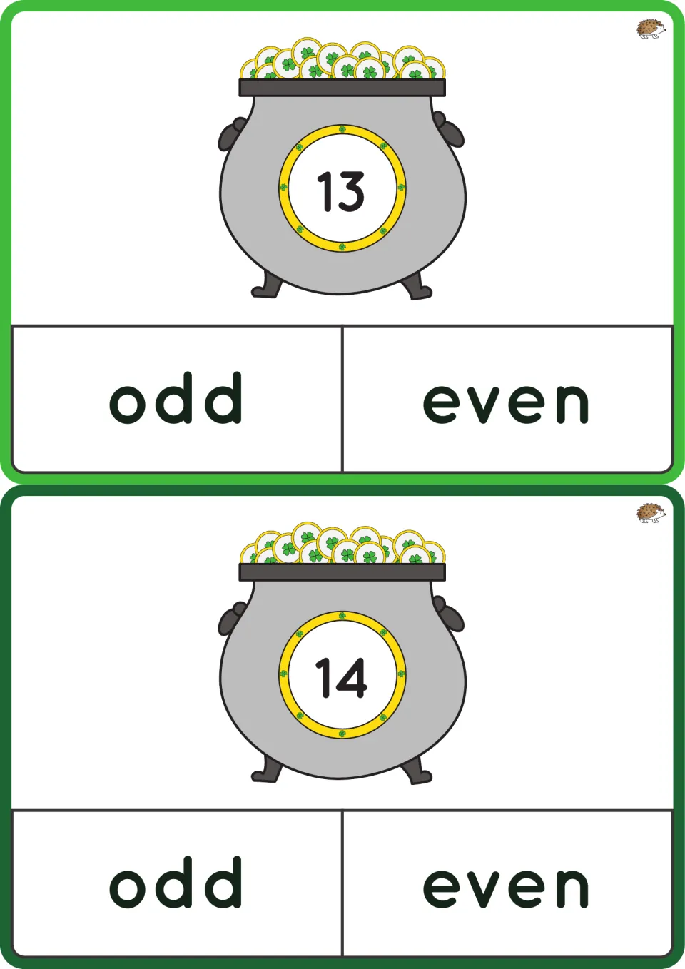 Odd and even flashcards for numbers 13 and 14, each asking students to choose the word 'odd' or 'even'