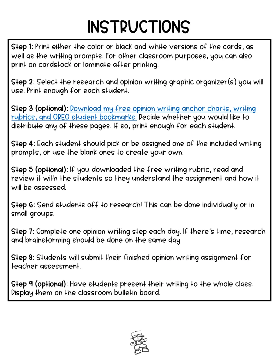 Teacher instructions in 9 steps: print topic cards and prompts, research, write one opinion step daily, then present