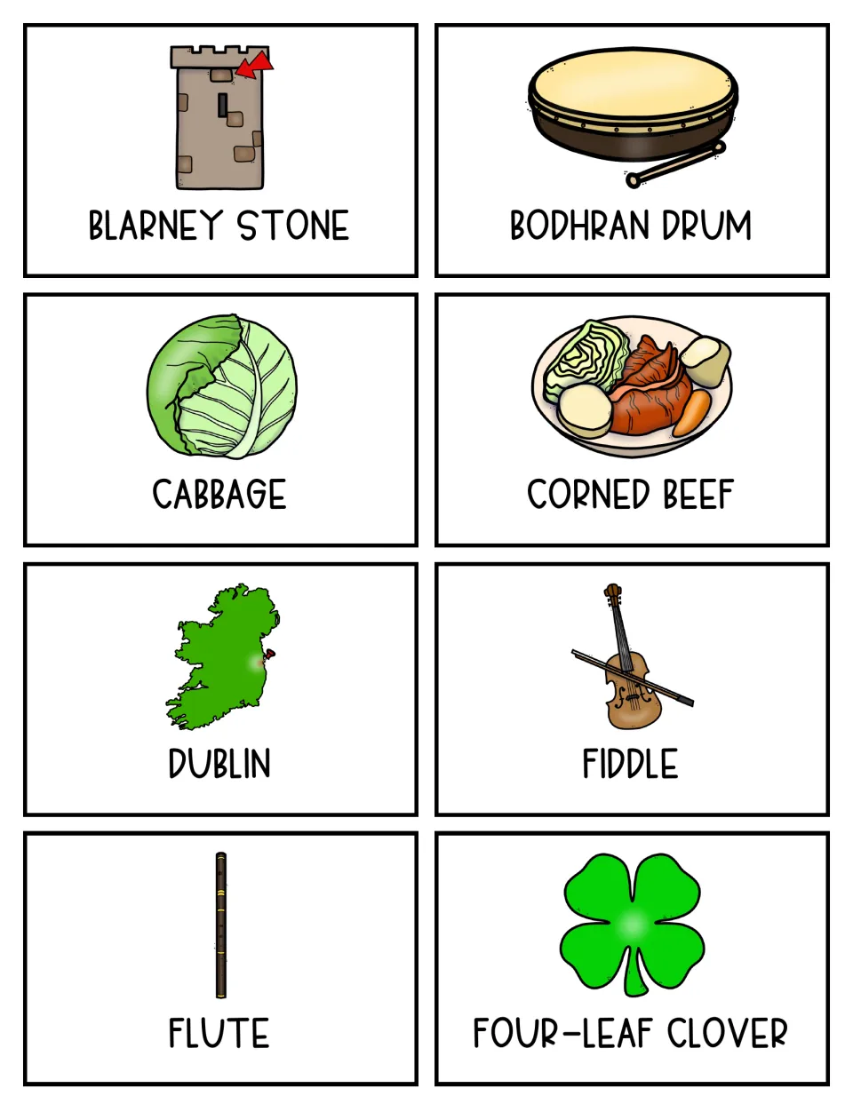 Color topic cards: Blarney Stone, bodhran drum, cabbage, corned beef, Dublin, fiddle, flute and four-leaf clover