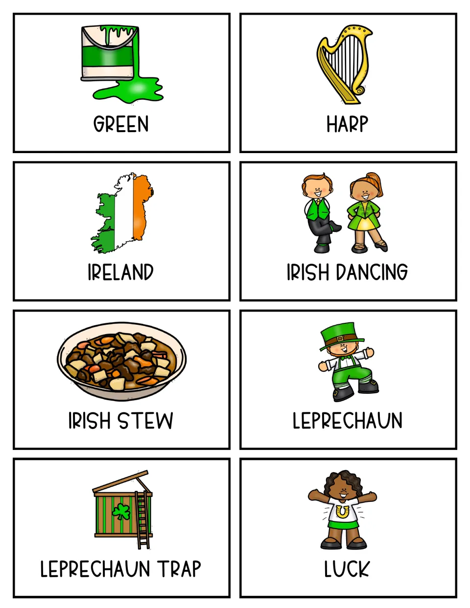 Color topic cards: green, harp, Ireland, Irish dancing, Irish stew, leprechaun, leprechaun trap and luck