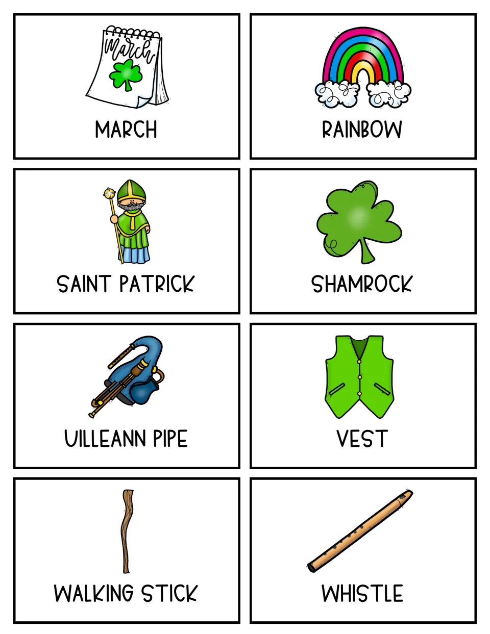 Color topic cards: March, rainbow, Saint Patrick, shamrock, uilleann pipe, vest, walking stick and whistle