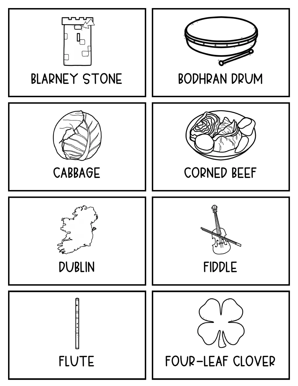 Black-and-white topic cards to color: Blarney Stone, bodhran drum, cabbage, corned beef, Dublin, fiddle, flute, clover