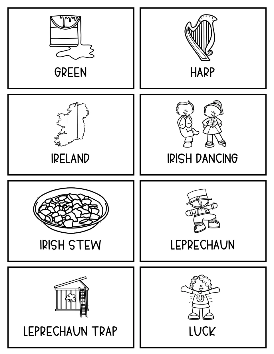 Black-and-white topic cards: green, harp, Ireland, Irish dancing, Irish stew, leprechaun, leprechaun trap and luck
