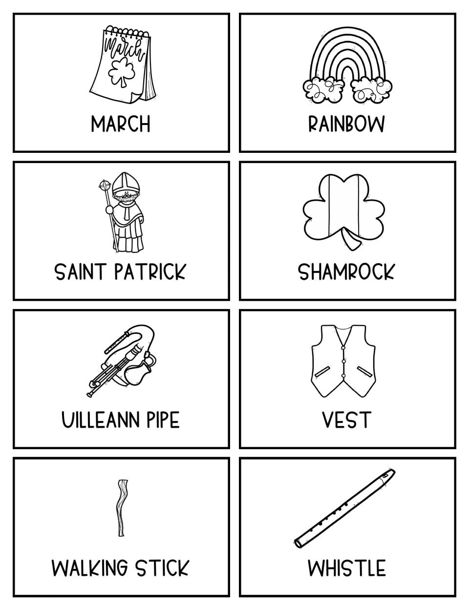 Black-and-white topic cards: March, rainbow, Saint Patrick, shamrock, uilleann pipe, vest, walking stick and whistle