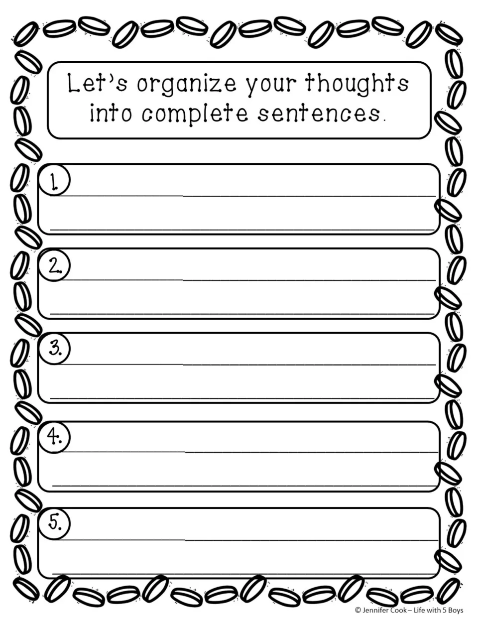 Blank five-sentence organizer asks students to organize their thoughts into complete sentences about the gold.