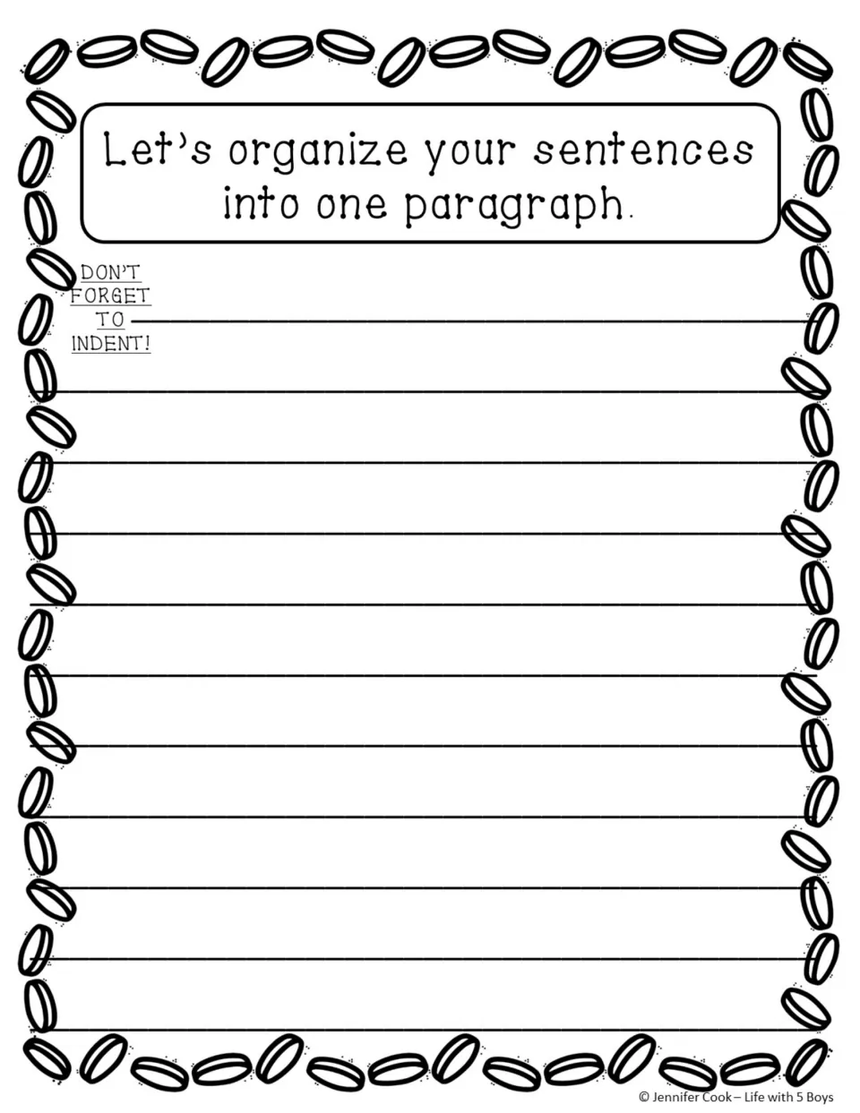 Paragraph drafting template asks students to combine their sentences into one paragraph and remember to indent.