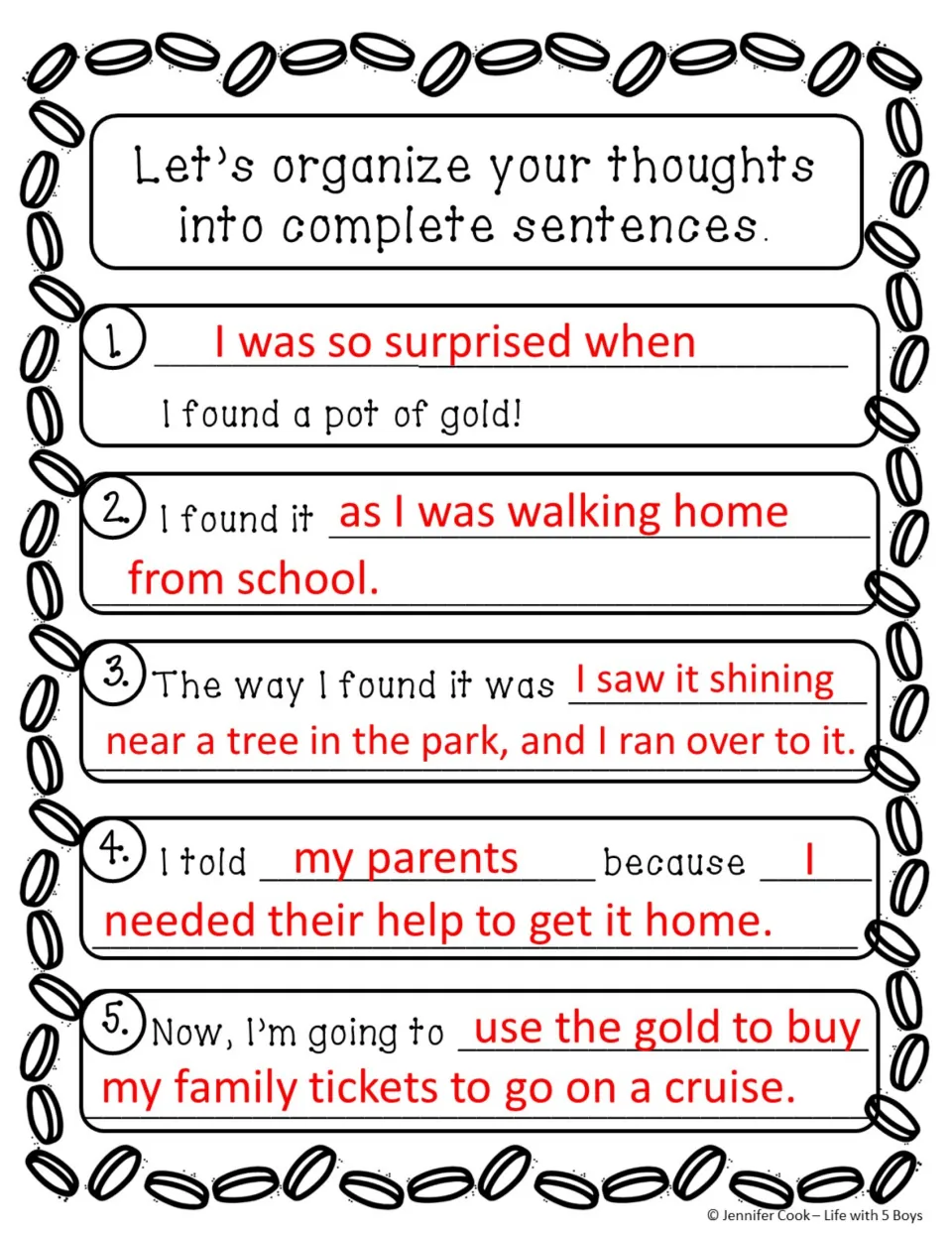 Completed five-sentence example describes finding gold near a park tree and buying a family cruise with it.