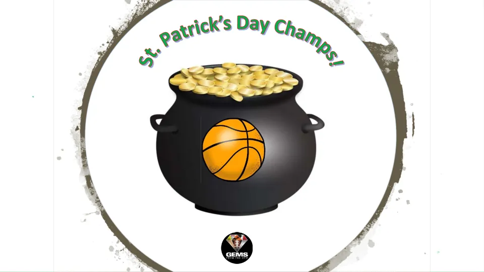St. Patrick's Day Champs! certificate: a pot of gold coins with a basketball, for the team with the most points