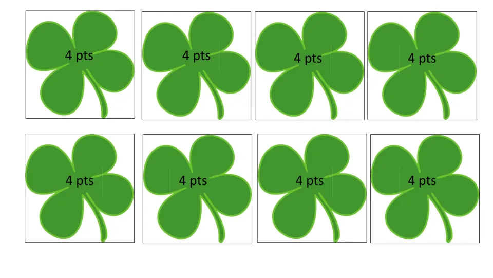 Shamrock prize cards, sheet 1 of 6: eight green clovers marked 4 pts for teams to collect