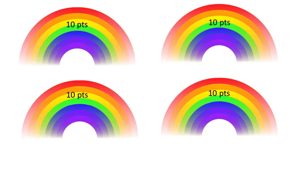 Rainbow prize cards: four rainbows each marked 10 pts, earned for making a shot from every color spot