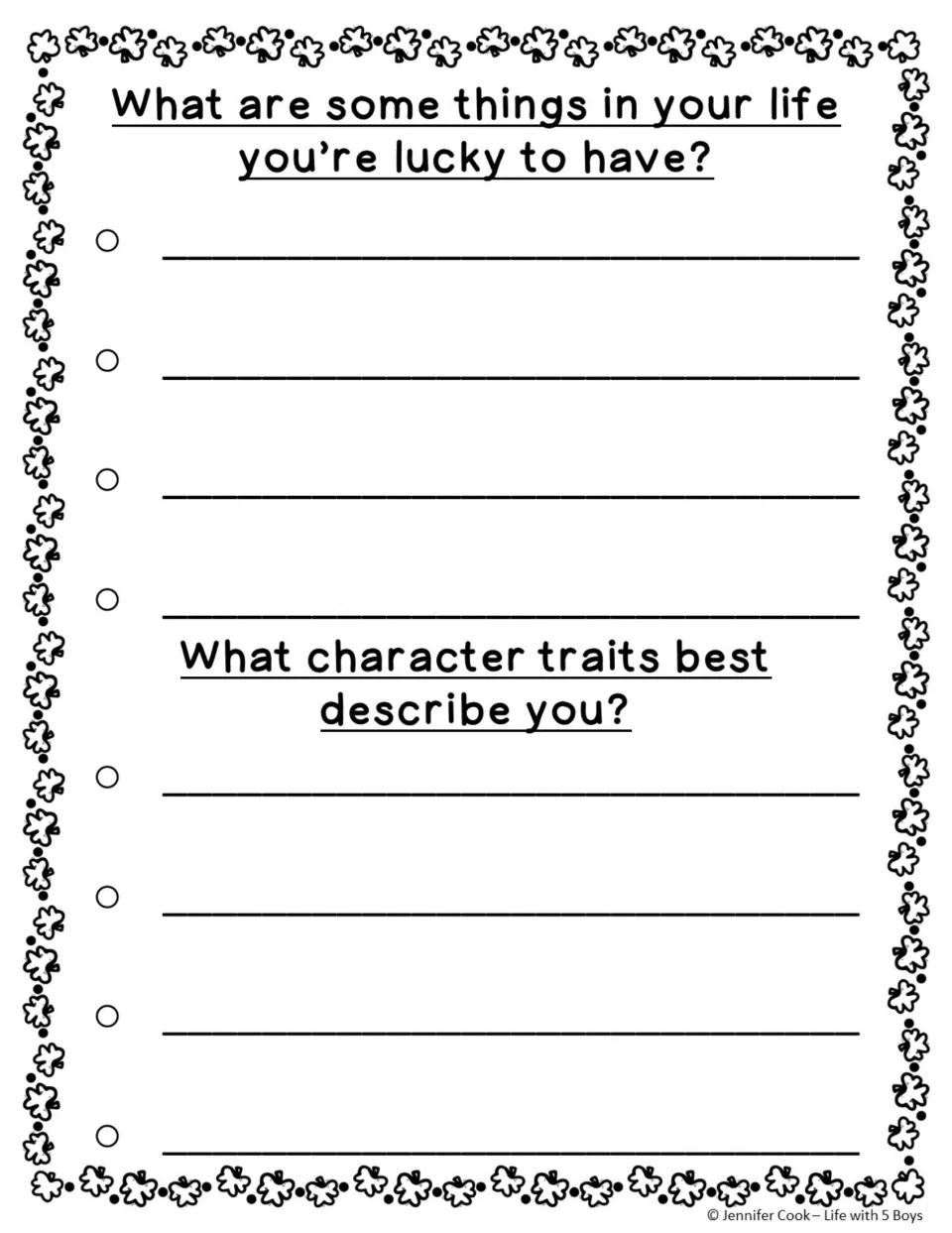 Brainstorming sheet asks students what they are lucky to have and which character traits best describe them