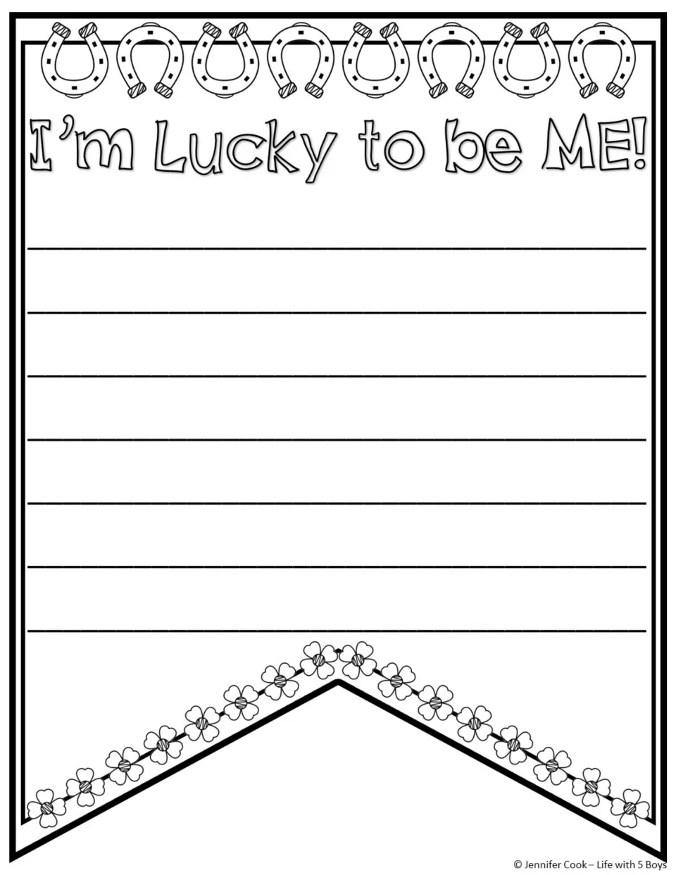 Writing-only pennant headed “I’m Lucky to be ME!” for the final draft of the personal writing activity