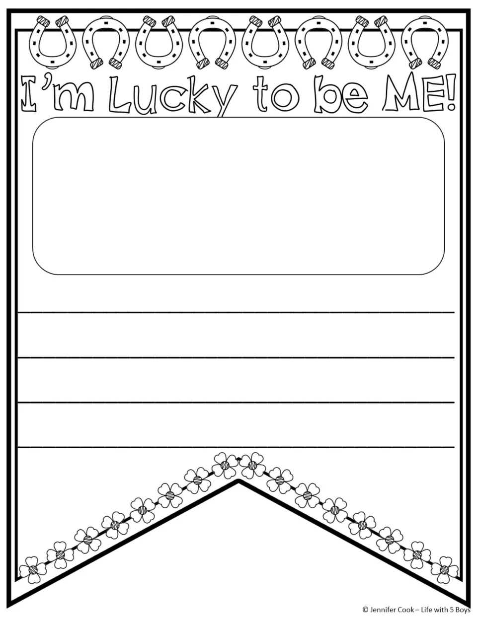Drawing-and-writing pennant headed “I’m Lucky to be ME!” for an illustrated personal writing final draft