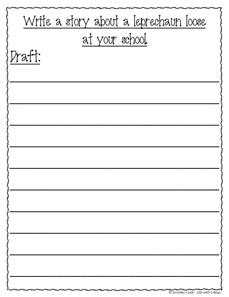 Story draft sheet gives the prompt “Write a story about a leprechaun loose at your school” and says “Draft”