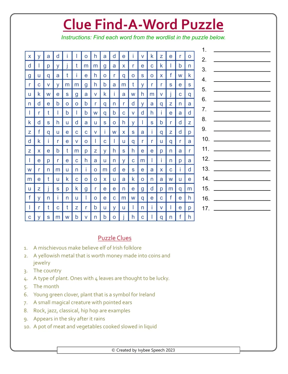 St. Patrick's Day clue word search: students solve clues like leprechaun and rainbow, then find 17 words in the puzzle