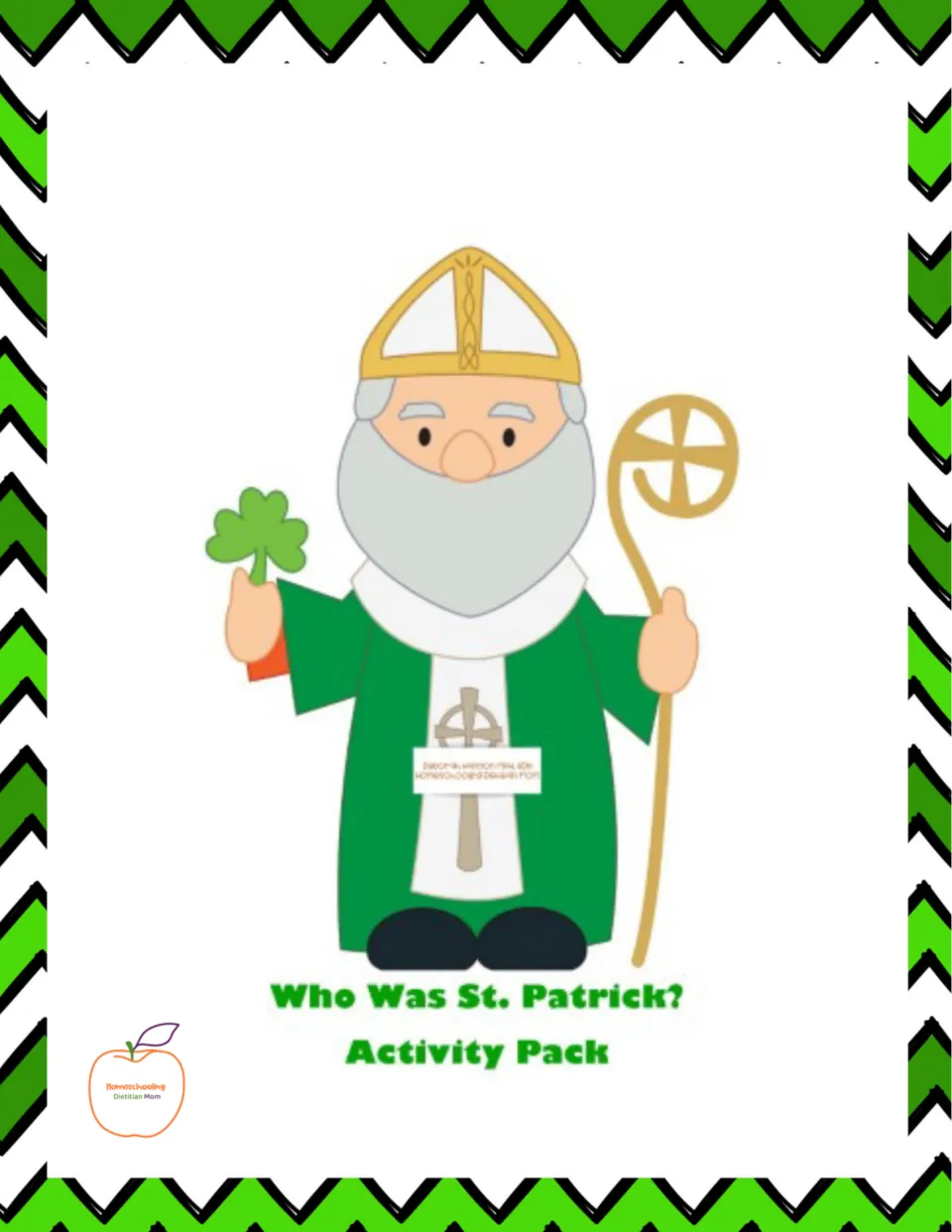 Cover of the activity pack labeled 'Who Was St. Patrick?' with St. Patrick holding a shamrock and staff