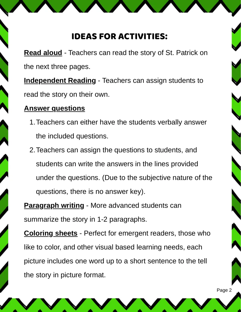 Activity guide for reading St. Patrick's story, answering questions, writing summaries, and coloring