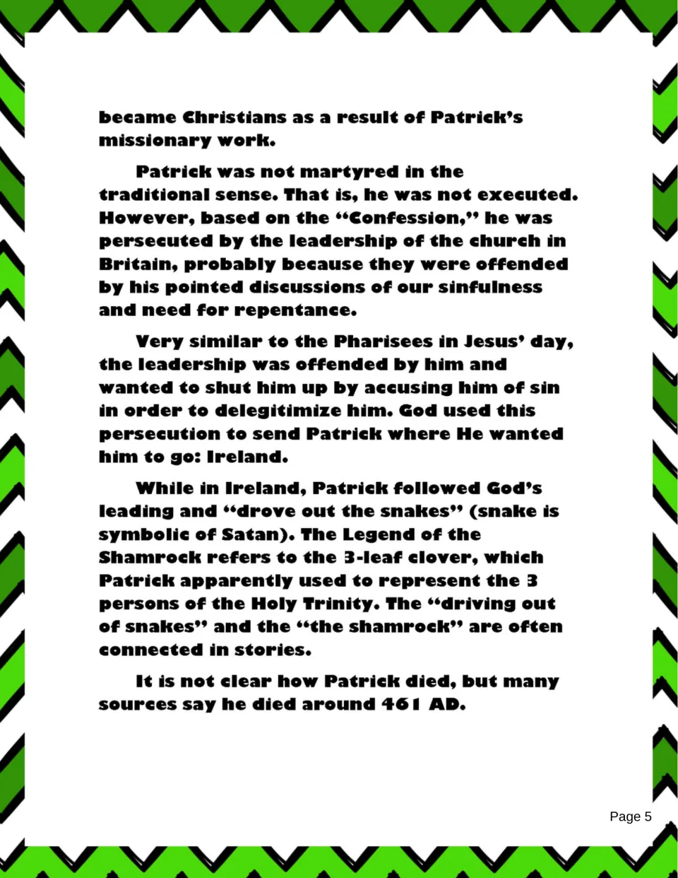 Biography part 3 covers Patrick's missionary work, persecution, snake and shamrock stories, and death