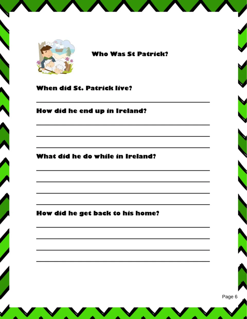 First question page asks when Patrick lived, how he reached Ireland, what he did there, and how he got home