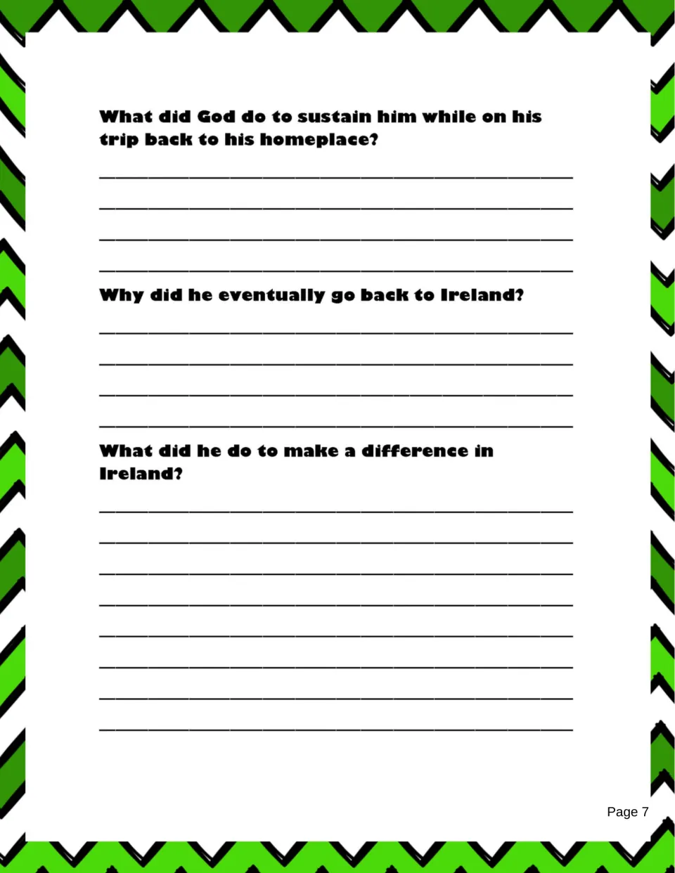 Second question page asks how God sustained Patrick, why he returned to Ireland, and how he made a difference