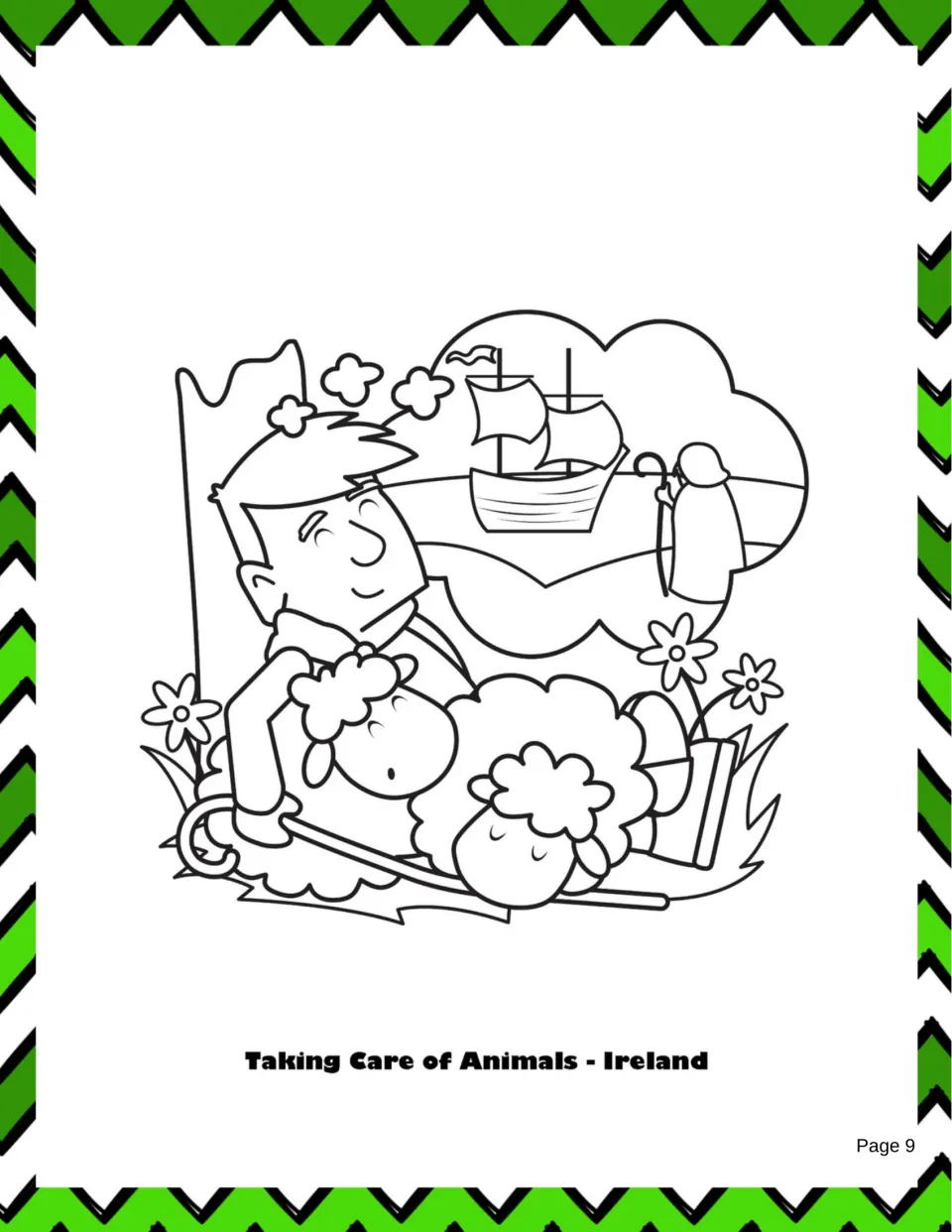 Story coloring page labeled 'Taking Care of Animals - Ireland' shows Patrick with sheep and a ship in a dream